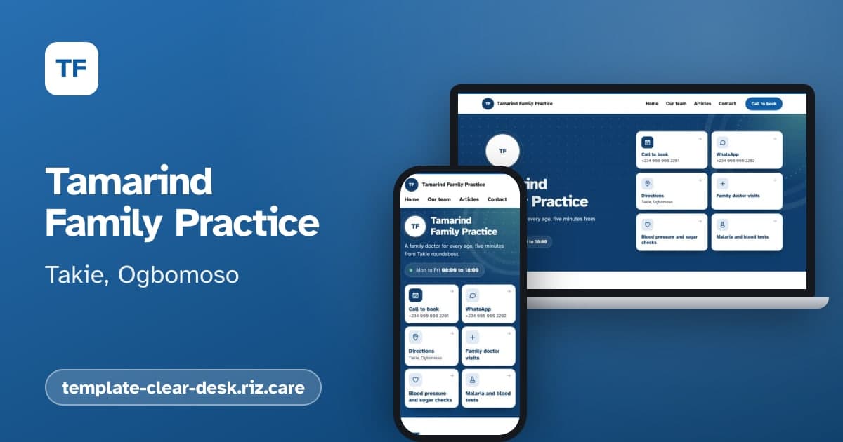 The Clear Desk template's link card: Clear Desk, shown as Tamarind Family Practice