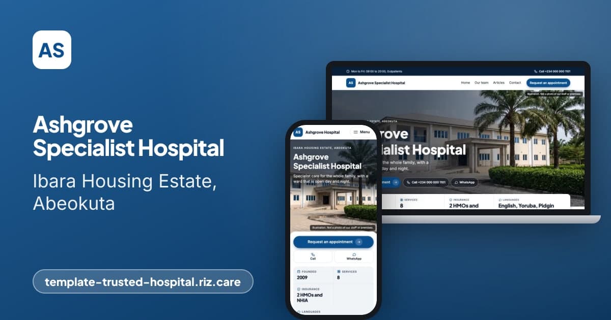 The Trusted Hospital template's link card: Trusted Hospital, shown as Ashgrove Specialist Hospital